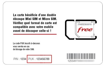 Code PUK sur le support d'une carte SIM
